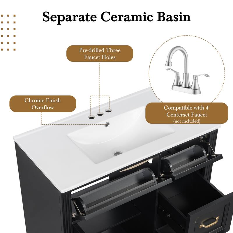 36 Inch Bathroom Vanity with Sink, Cabinet with 4 Drawers, Soft-Close Door & Adjustable Shelf, Ceramic Basin