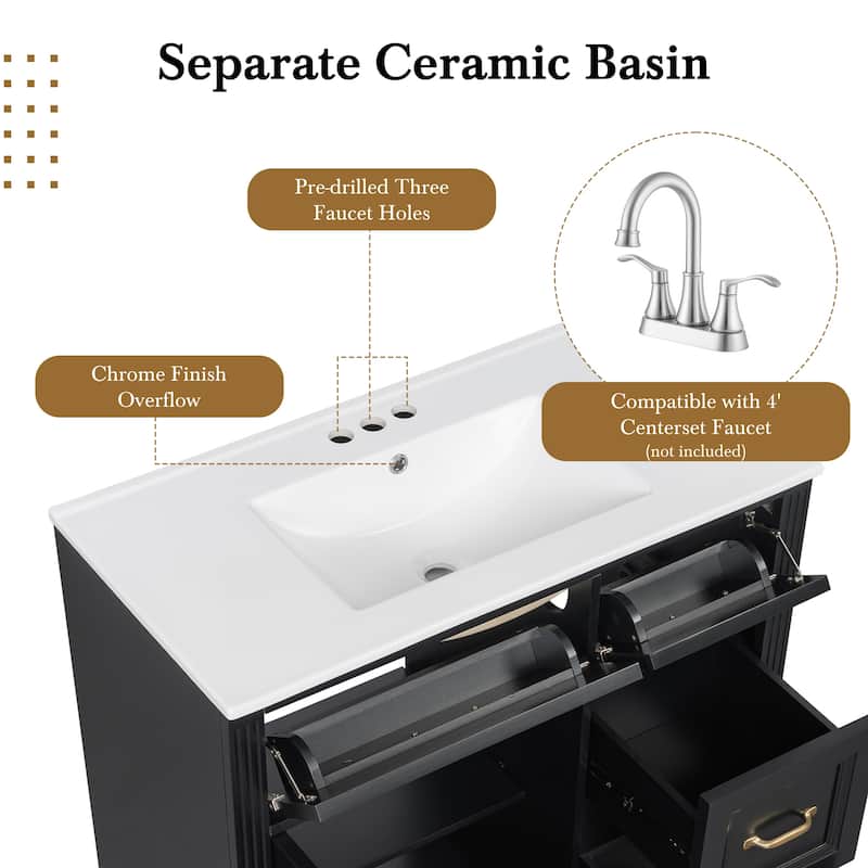 36 Inch Wall-Mounted Bathroom Vanity with Sink, 4 Soft-Close Drawers & Adjustable Shelf