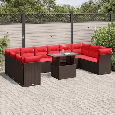 vidaXL 11 Piece Patio Sofa Set with Cushions Brown/Gray Poly Rattan - 24.4 x 24.4 x 27.2