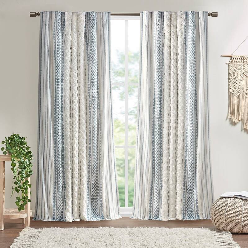 1PC Cotton Printed Curtain Panel with Chenille Stripe and Lining