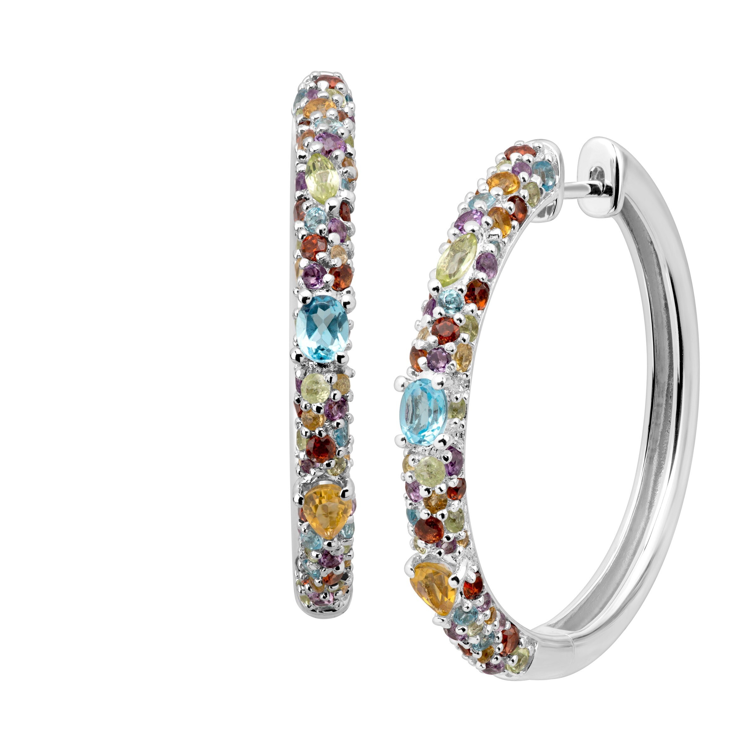 Shop Natural Multi Stone Rainbow Hoop Earrings In Rhodium Plated