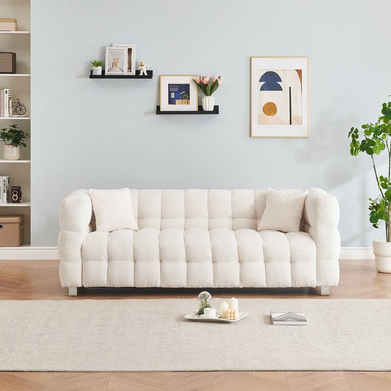 Teddy Plush Sofa 80 Inch Living Room Bedroom Discharge With Two Pillows Hardware Feet - Beige
