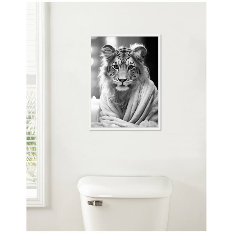 Kate and Laurel Sylvie Tiger Glam Bathroom Towel Robe Black and White Framed Canvas by The Creative Bunch Studio