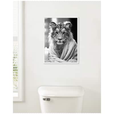 Kate and Laurel Sylvie Tiger Glam Bathroom Towel Robe Black and White Framed Canvas by The Creative Bunch Studio