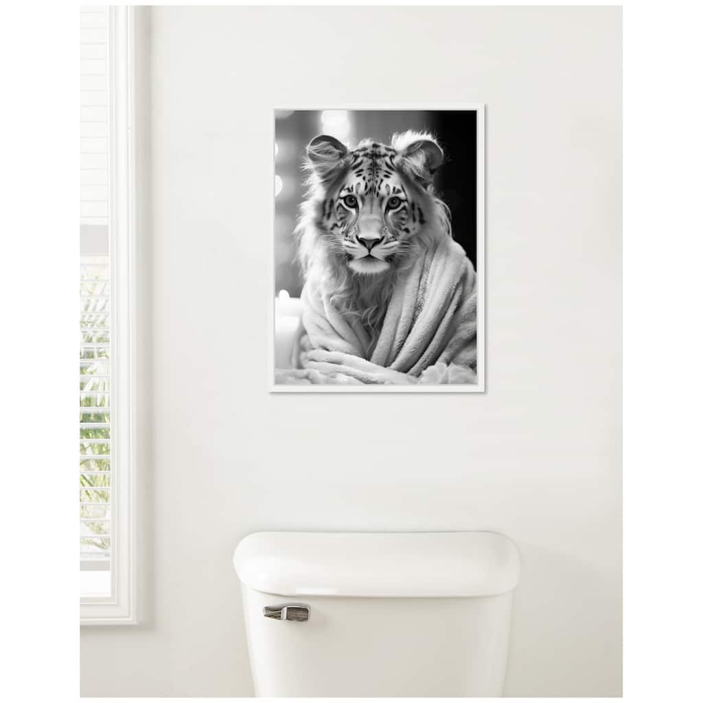 Kate and Laurel Sylvie Tiger Glam Bathroom Towel Robe Black and White Framed Canvas by The Creative Bunch Studio