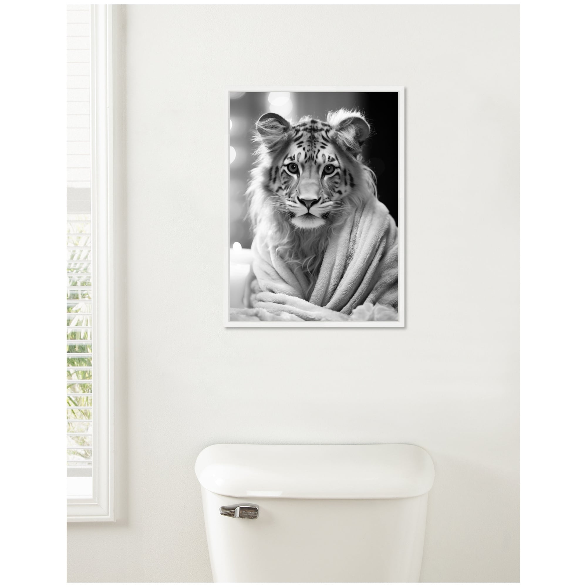 Kate and Laurel Sylvie Tiger Glam Bathroom Towel Robe Black and White Framed Canvas by The Creative Bunch Studio