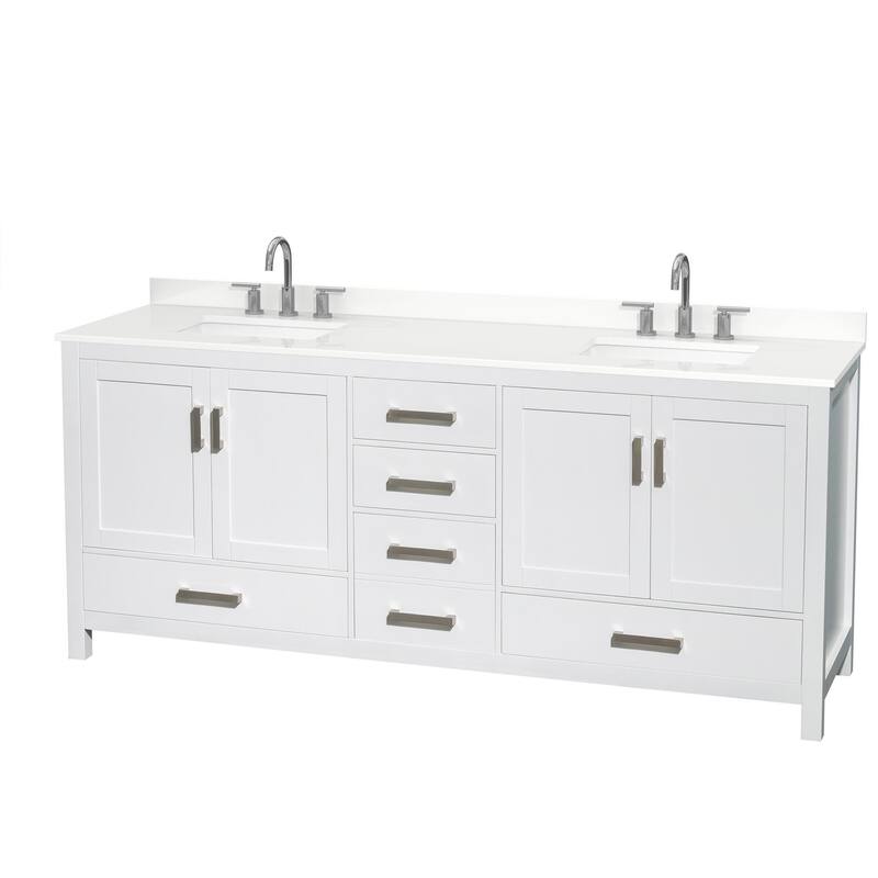 Sheffield 80-inch Double Vanity, 3 Hole Quartz Top - White, Chrome Trim, White Quartz Top