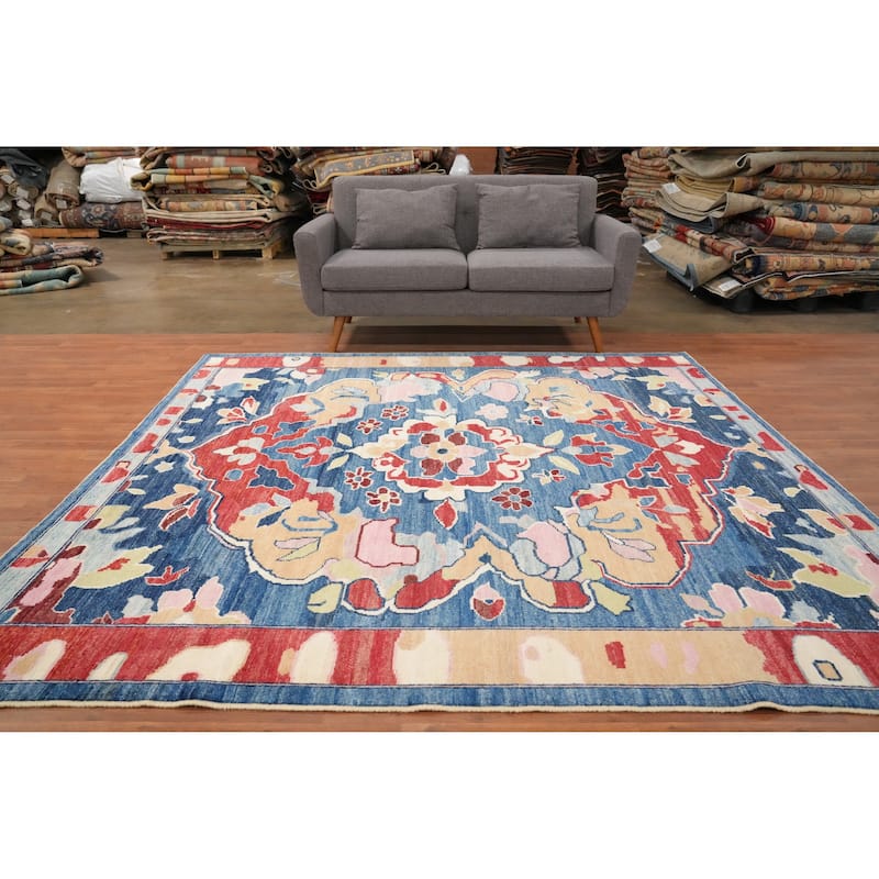 Hand Knotted Oriental 100% Wool Carpet Transitional Floral Navy Blue & Blues Oushak Area Rug - 8' 0'' X 7' 10''