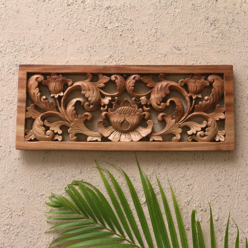 Novica Handmade Lotus Lake Wood Relief Panel