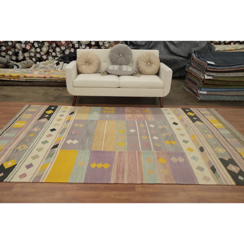 Hand Woven Oriental 100% Wool Carpet Southwestern Tribal Multi-Colored Kilim Area Rug - 9' 9'' X 6' 6''