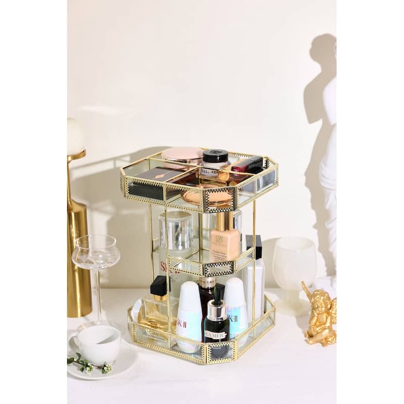 Golden Vintage Glass 360 Degree Rotation Makeup Organizer for Vanity&Bathroom - Gold