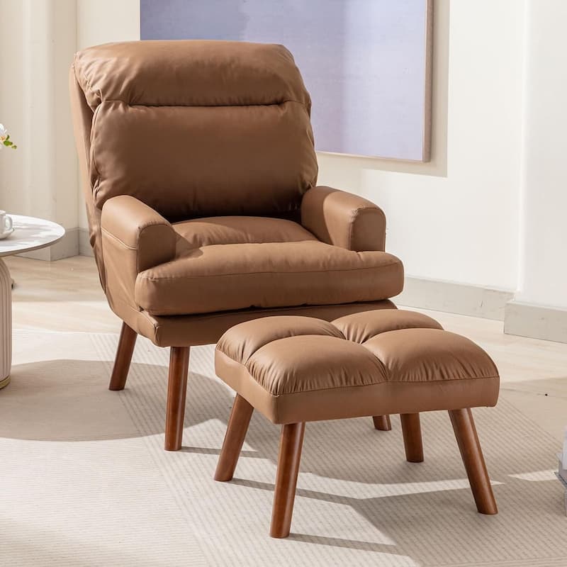 Soft Fabric Casual Living Room Armchair With Adjustable Backrest And Legs Stool - Brown