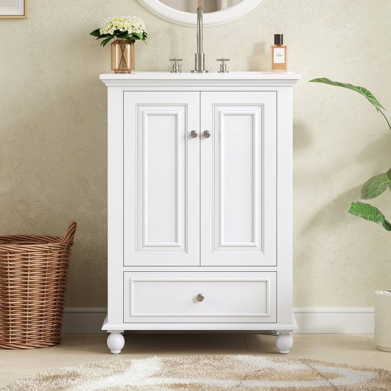 Soft Closing Doors Bathroom Vanity Cabinet with Ceramic Sink - White - 24 Inch