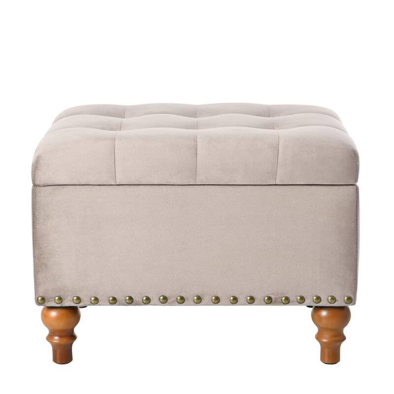 Square Velvet Ottoman with Storage Space & Rivet Trim Around