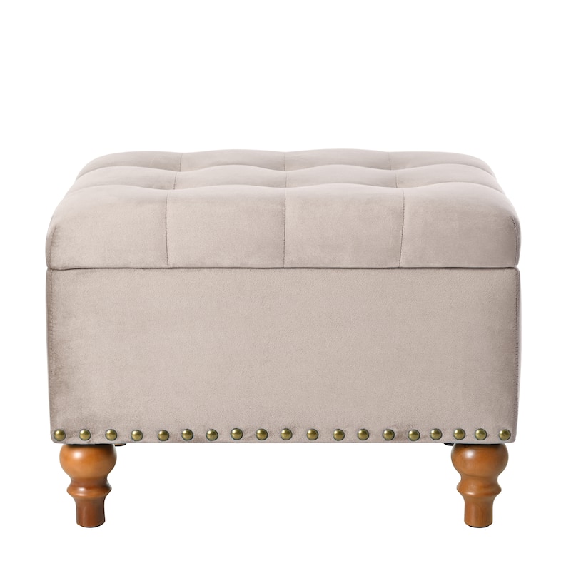 Square velvet upholstered Ottoman with storage space, hidden support hinge with easy to open top, rivet trim around