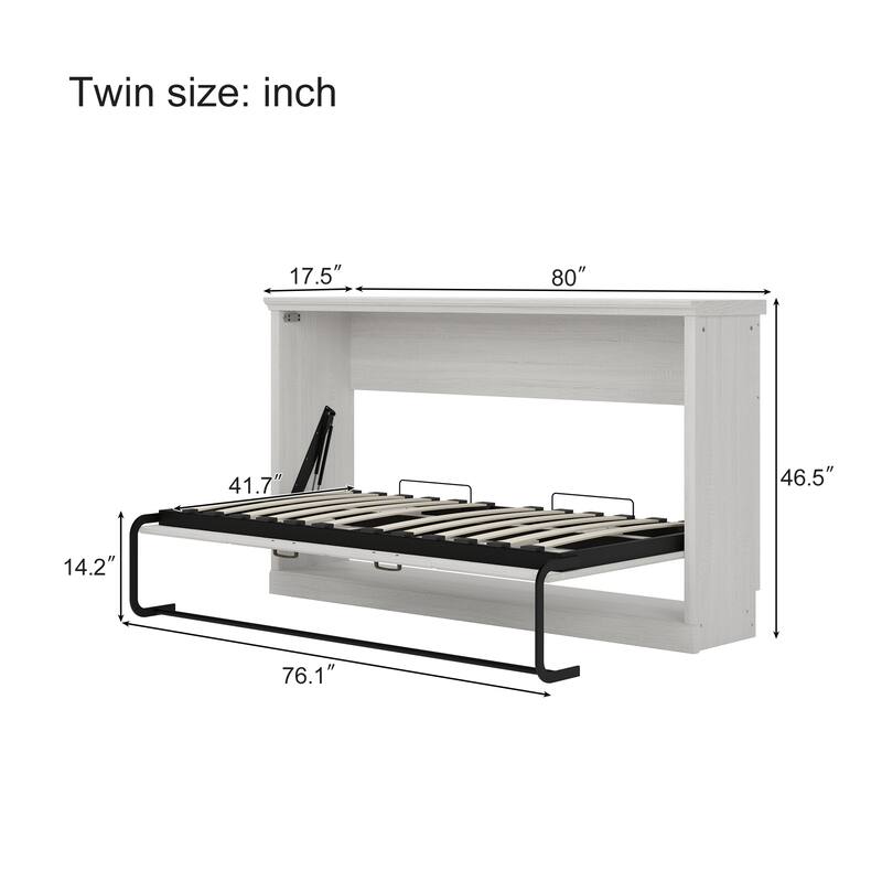 White Twin Size Murphy Bed Convertible Horizontal Cabinet Space Saving Platform Bed Folding into Hideaway Wall Bed, Bookcase Bed