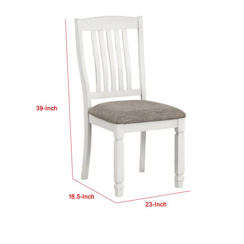 Dola Side Dining Chair Set of 2, Rustic White Wood, Gray Fabric, Slat Back