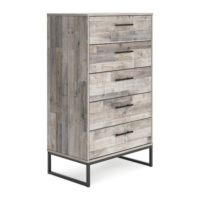 Vyne 51 Inch Tall Dresser Chest, 5 Drawers, White Woodblock, Black Metal
