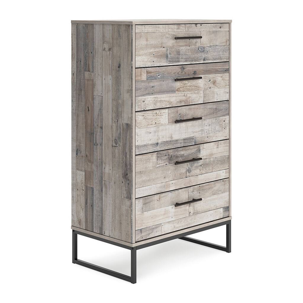 Vyne 51 Inch Tall Dresser Chest, 5 Drawers, White Woodblock, Black Metal
