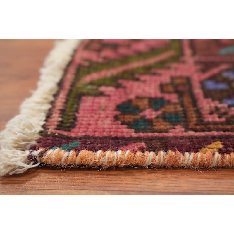 Hand Knotted Oriental 100% Wool Carpet Traditional Geometric Pink Heriz Runner Rug - 12' 2'' X 3' 0''