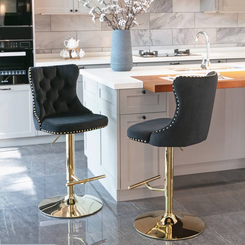 Roomfitters Swivel Velvet Bar Stools Set of 2, Adjustable Height Tufted Upholstered Counter Chairs with Gold Base - Black