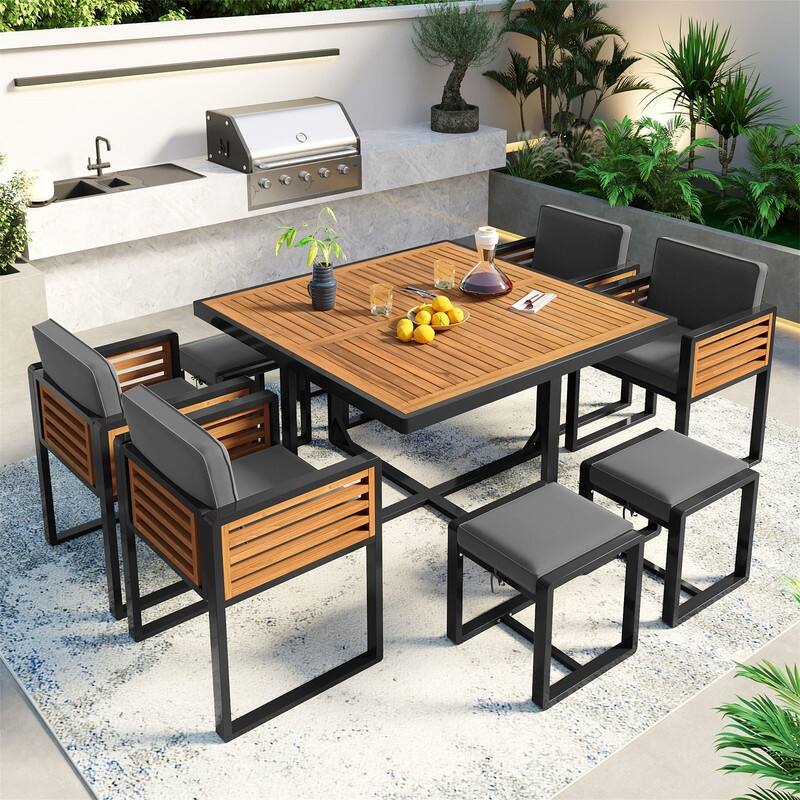 9-Piece/18-Piece Acacia Wood Patio Dining Set, Outdoor Dining Table Set with Cushioned Chairs, Ottomans and 1 Square Table - Grey-9pcs