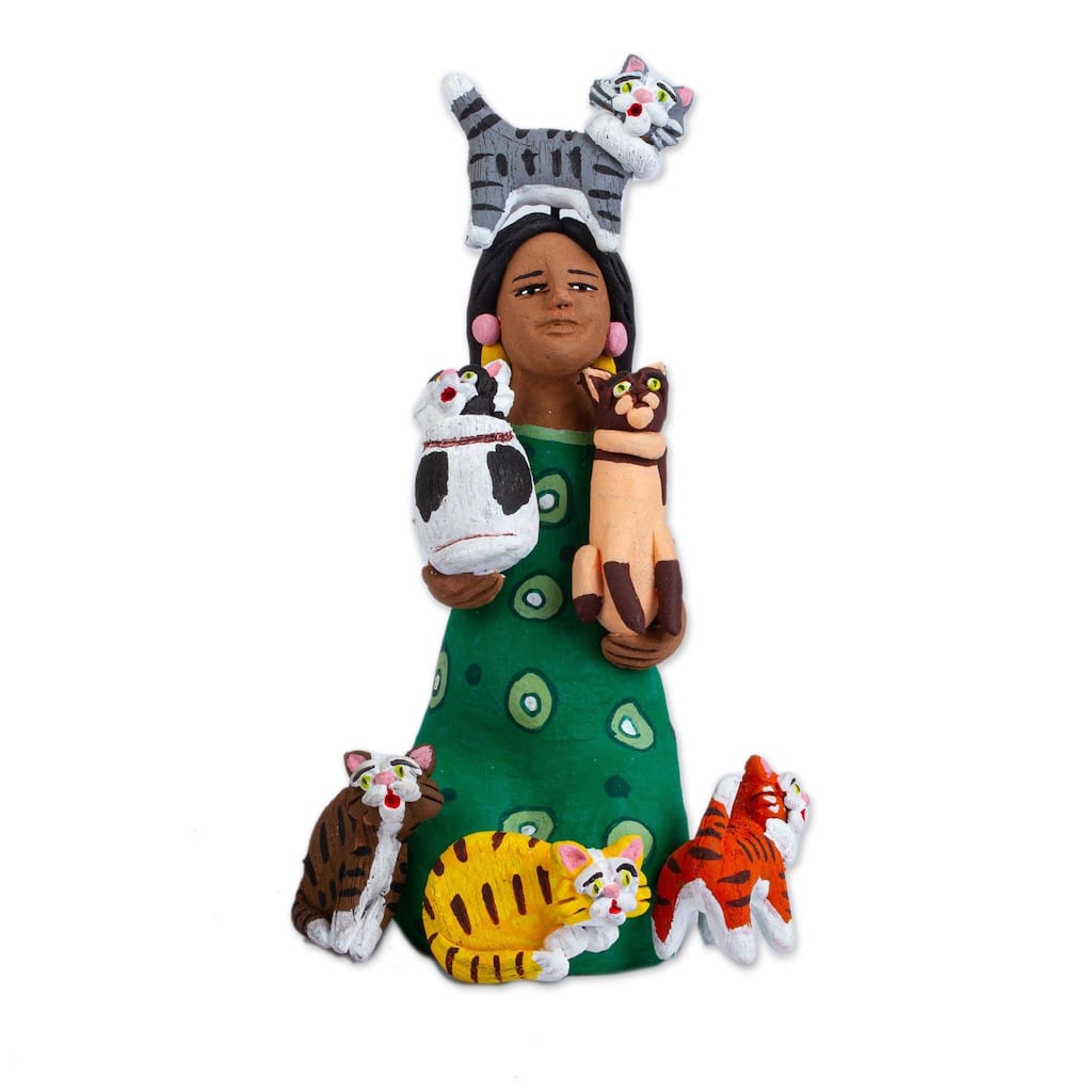 NOVICA Woman with Cats in Green, Ceramic sculpture