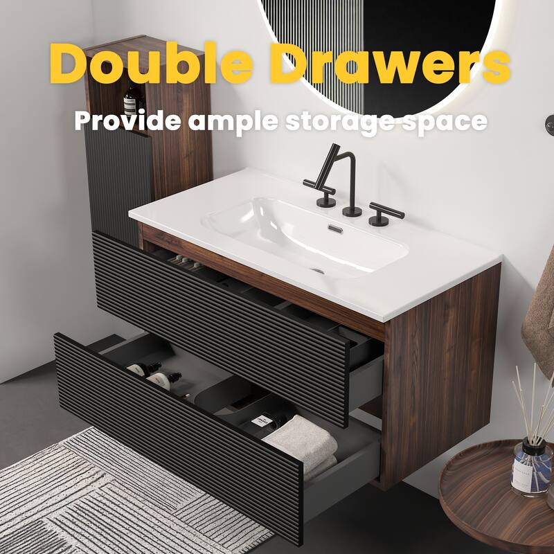 GDFStudio - Gloria Modern Wall-Mounted Floating Bathroom Vanity with Integrated Ceramic Basin & Soft-Close Drawers