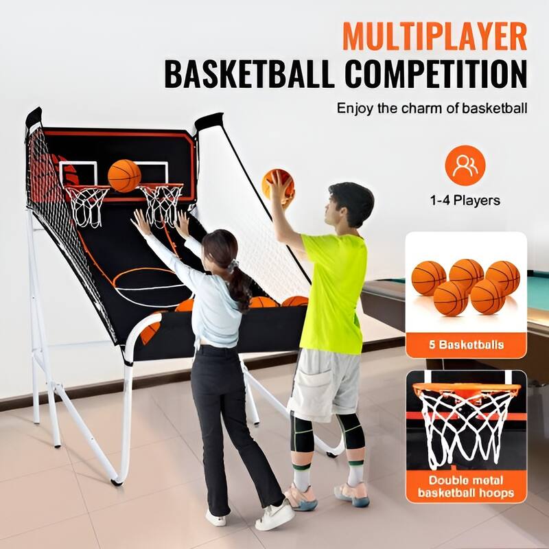 Black-White Steel Dual Hoop Basketball Arcade Game with 8 Games Modes and Foldable Frame - 80” L x 54” W x 81” H