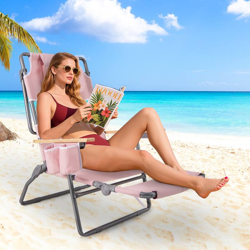 Oxford Cloth Metal Folding Beach Chair with Adjustable Recline and Face Hole - 26" x 40"-53.5" x 38.5"-30.5"
