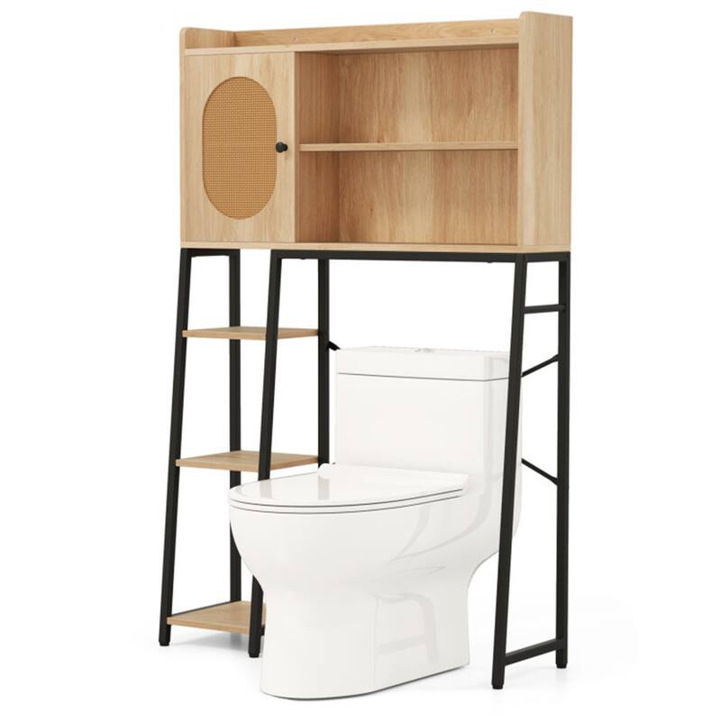 Bathroom Storage Shelf Over Toilet with PE Rattan Door and Adjustable Shelves Metal Frame - 35” x 11.5” x 55” (L x W x H)