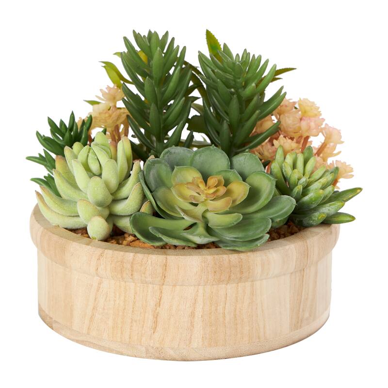 Faux Foliage Artificial Plant with Brown Wooden Pot - Green - Roche River Decor - 8"W x 8"L x 7"H
