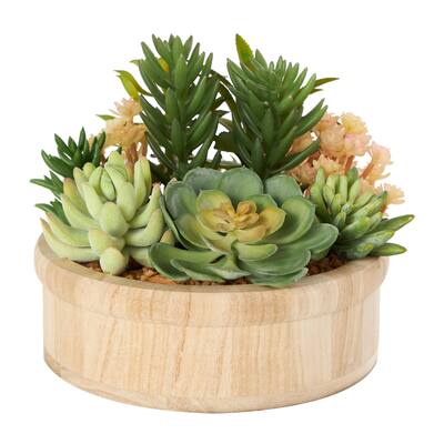 Faux Foliage Artificial Plant with Brown Wooden Pot - Green - Roche River Decor - 8"W x 8"L x 7"H