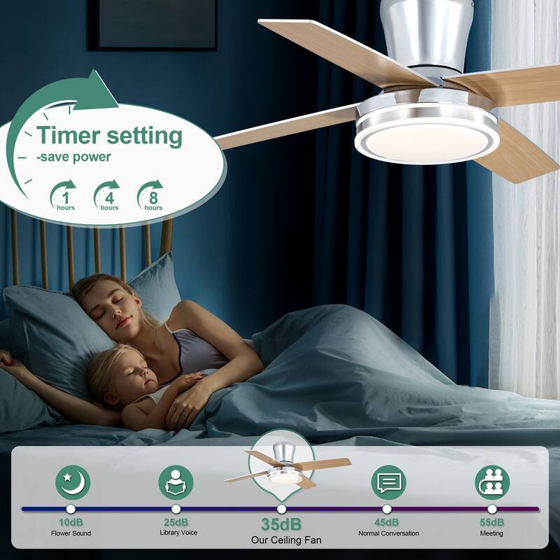 Cusp Barn 44" Low Profile Flush Mount Ceiling Fans with Lights and Remote, Modern 6 Speeds Quiet Reversible DC Motor Ceiling Fan