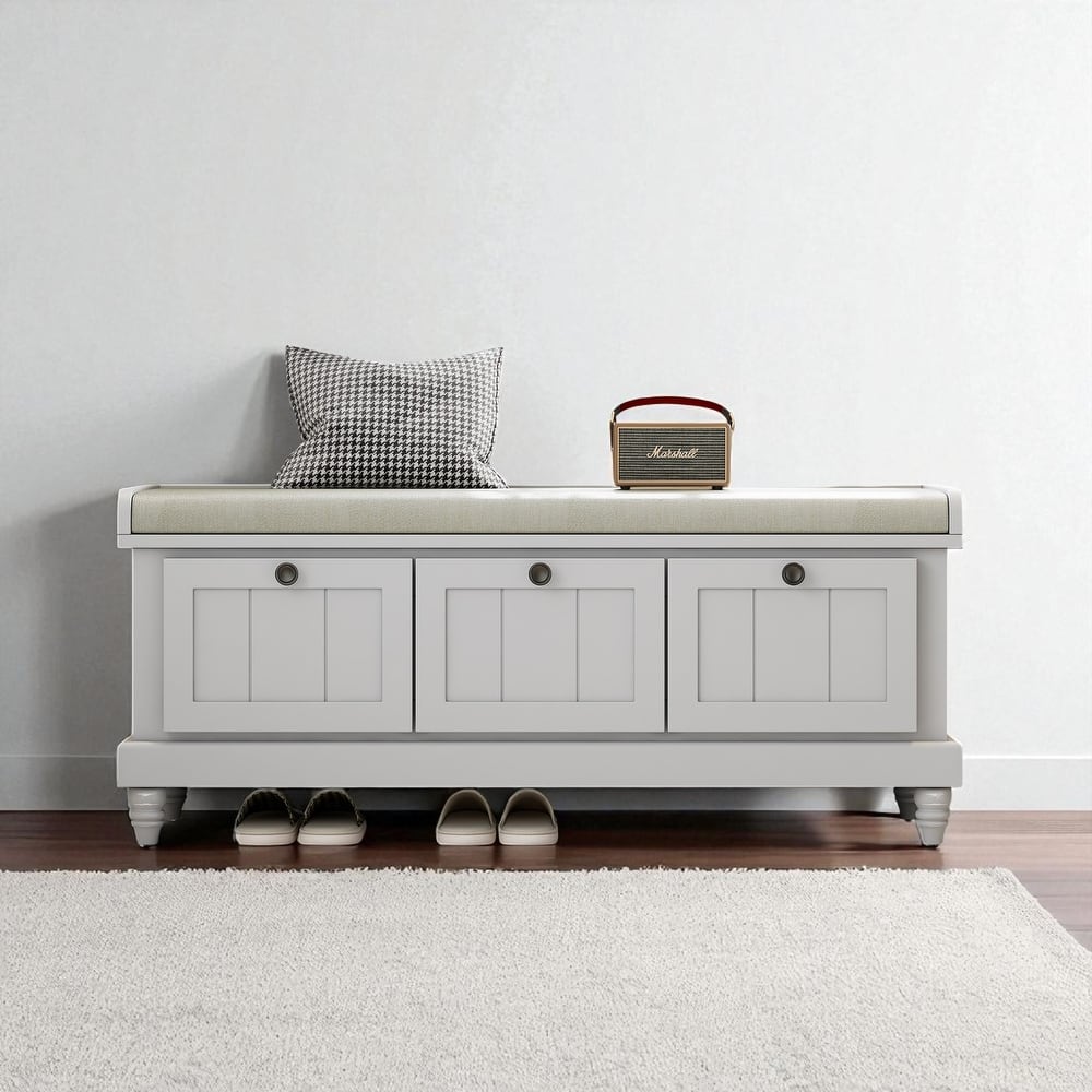 Classic Entryway Shoe Bench with Cushion and 3 Drawers, Fluted Storage Bench with Hidden Compartment and Rubber Wood Legs