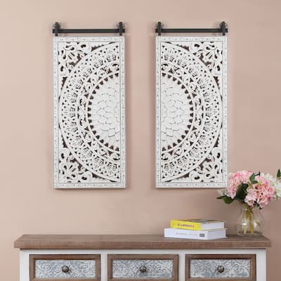 Distressed Ivory White Wood Flower Wall Art with Black Accents (Set of 2)
