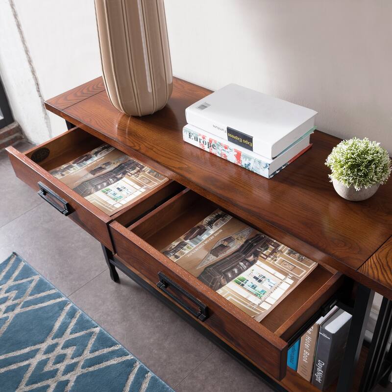 Leick Home Ironcraft Rustic Two Drawer Hall Console Sofa Table with Shelf