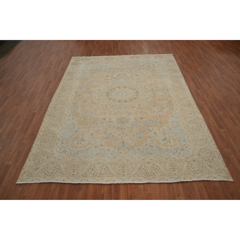 Hand Knotted Oriental 100% Wool Carpet Traditional Floral Beige & Ivories Tabriz Area Rug - 11' 0'' X 8' 1''