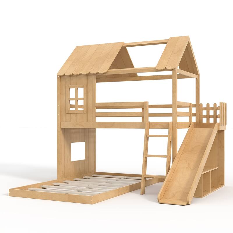 Twin over Full House Bunk Bed with Ladders and Slides, House Floor Bunk Bed with Storage Shelves and Wardrobe