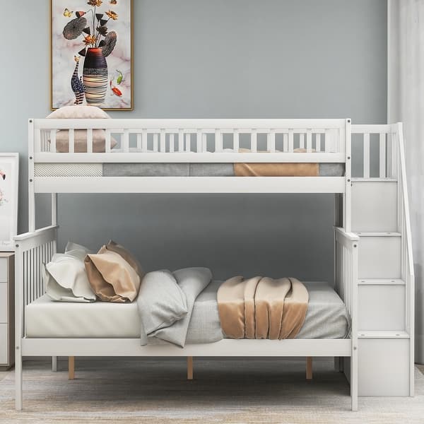 slide 2 of 9, Twin over Full Stairway Bunk Bed with storage White - Full