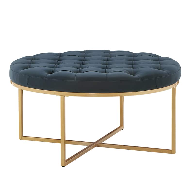 Devin Polished Faux Leather Round Tufted Ottoman by iNSPIRE Q Modern