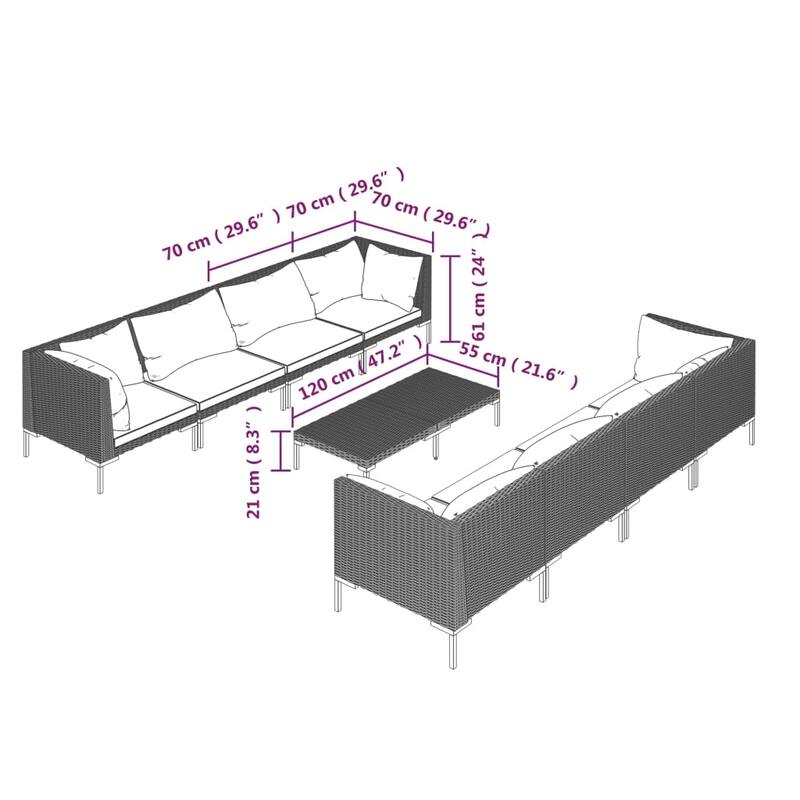vidaXL Patio Lounge Set Outdoor Sectional Sofa Set Table Poly Rattan Dark Grey - 27.6" x 27.6" x 24"