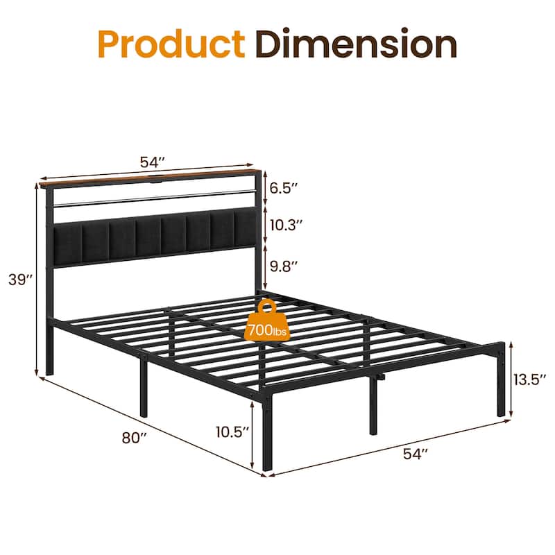Bed Frame with Storage Shelves and Charging Station