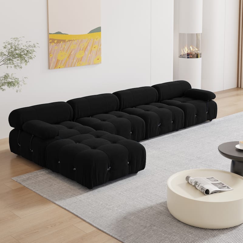 Black Velvet Upholstered Sectional Sofa - 4seats+1ottoman