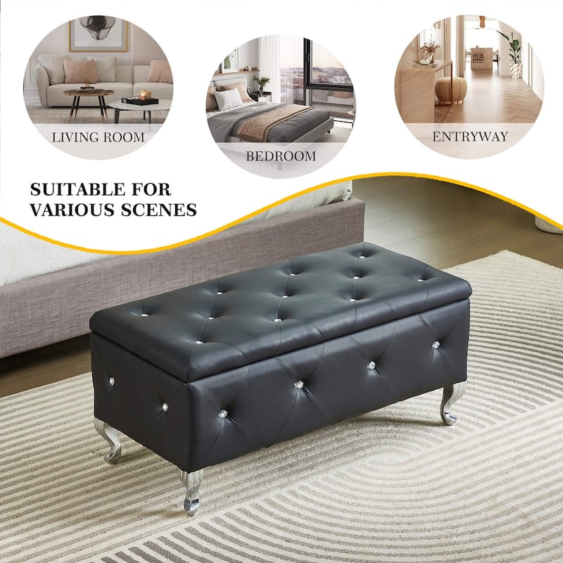 Large Tufted Upholstered Storage Ottoman Benches,Metal Legs,Crystal Buttons-White-Black