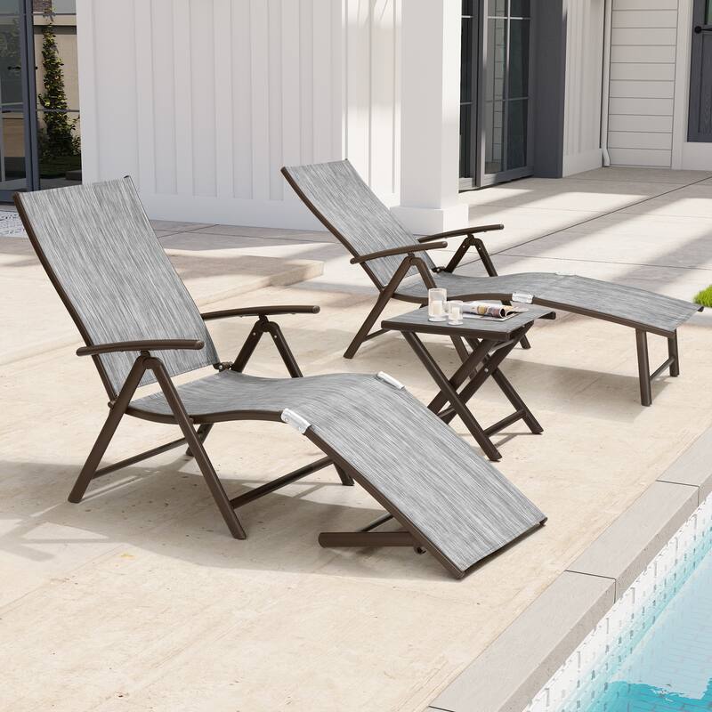 3-Pieces Outdoor Chaise Lounge Set Aluminum Adjustable Foldable Chaise Lounge Chairs and Side Table