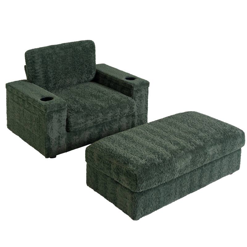 42" Oversized Green Faux Fur Chaise Lounge Sofa Bed with Storage, Cup Holders for Indoor Use