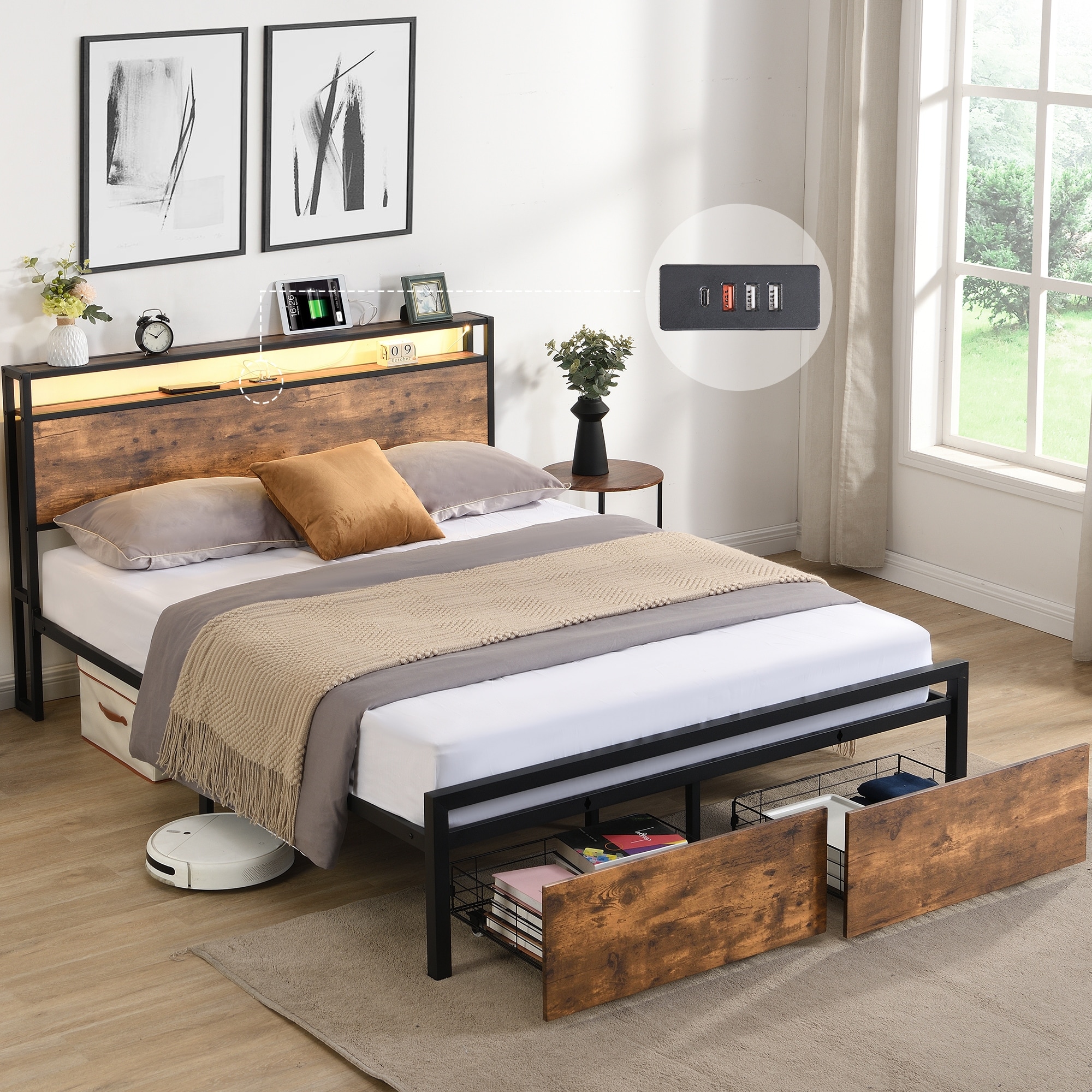 Bed Frame Metal Platform Bed with LED Lights Headboard and Charging Station & 2Drawers Slats Support No Box Spring Needed