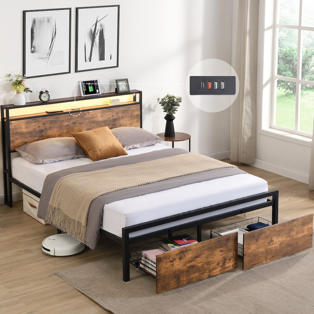 Metal Platform Bed Frame with LED Lights, Charging Station & Drawers