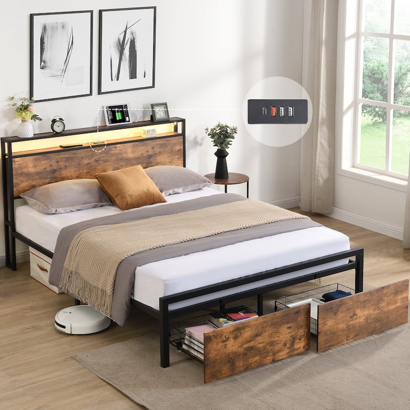 Queen Size Bed Frame with Storage Headboard and 2 Drawers, LED Lights Bed with Charging Station - Oak